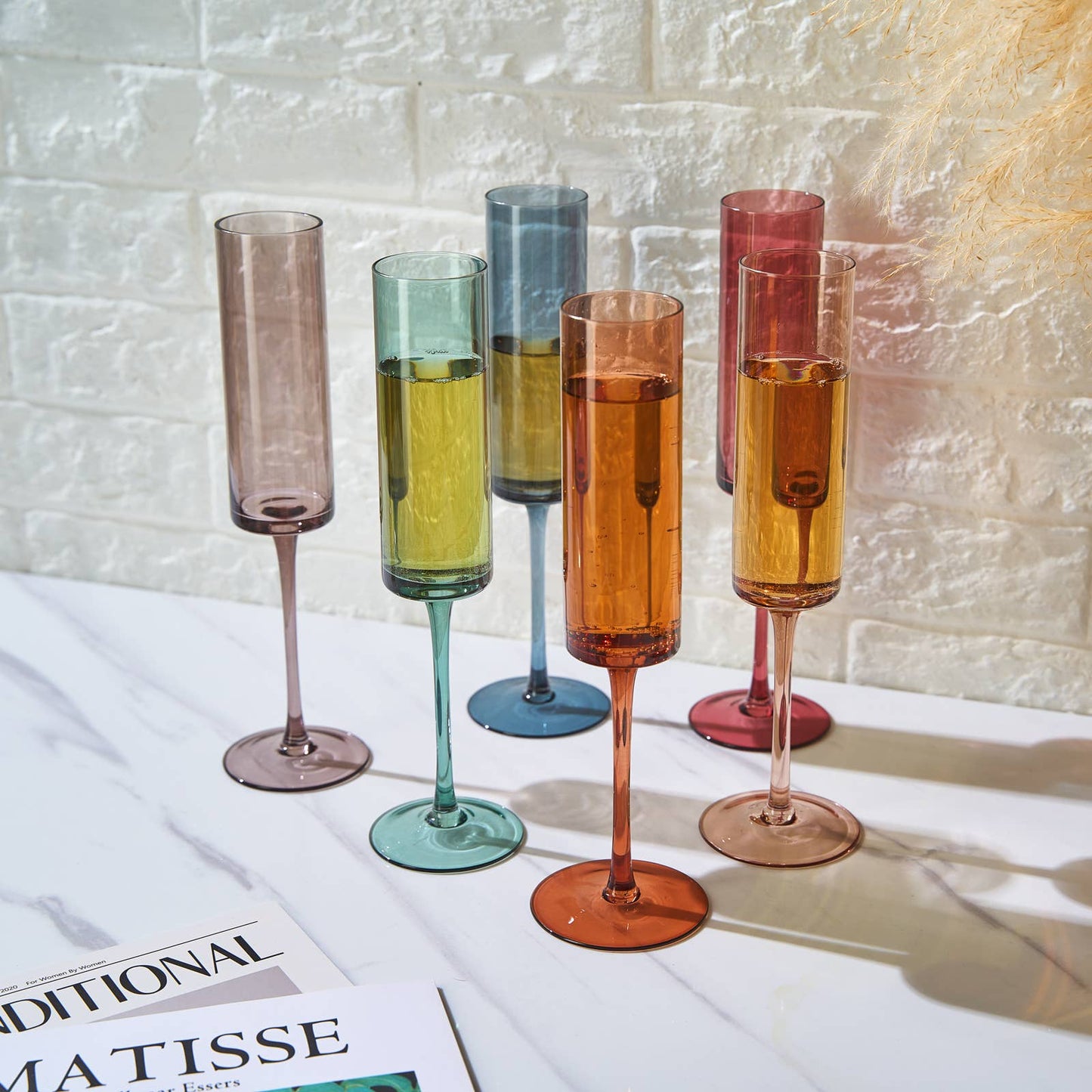 Khen Muted Rainbow Champagne Flute Stemmed Glasses Set of 6