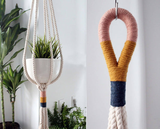 Cotton Macrame Plant Hanger, Pink, Mustard Yellow, Navy: 40 inches