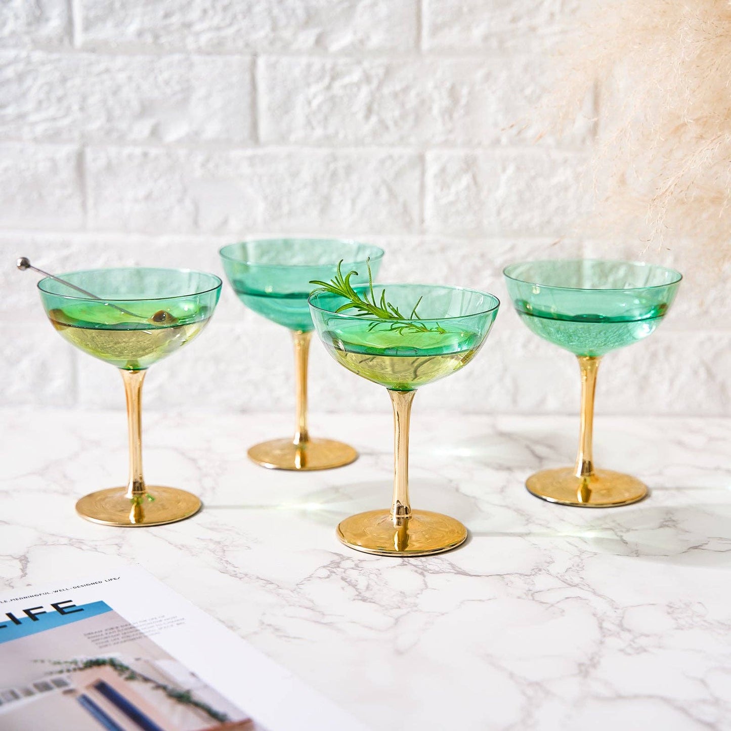 Colored Coupe Art Deco Glasses, Gold | Set of 4 | 12 oz