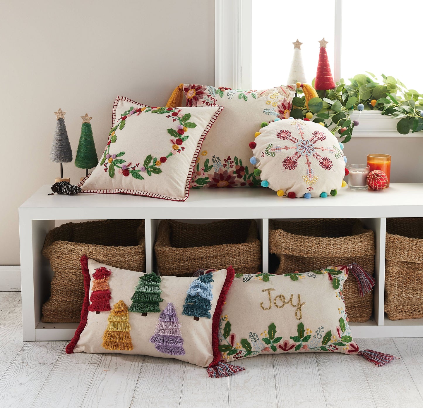 Boho Holiday Tree Farm Embroidered Pillow