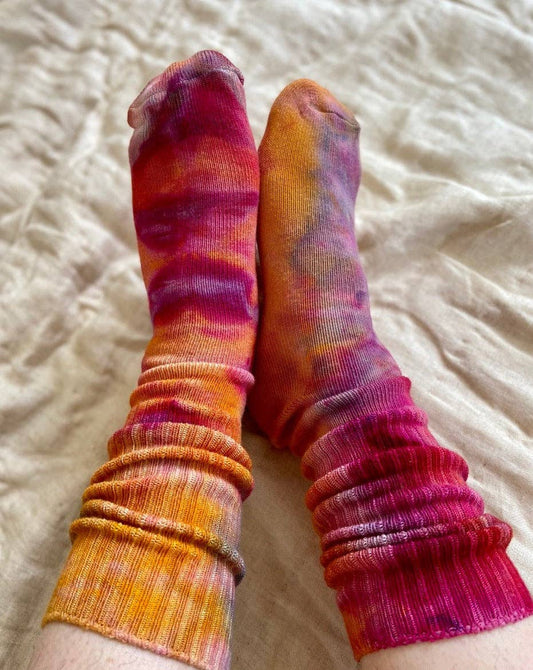 Tie dye super soft bamboo socks in pink and yellow: Adult